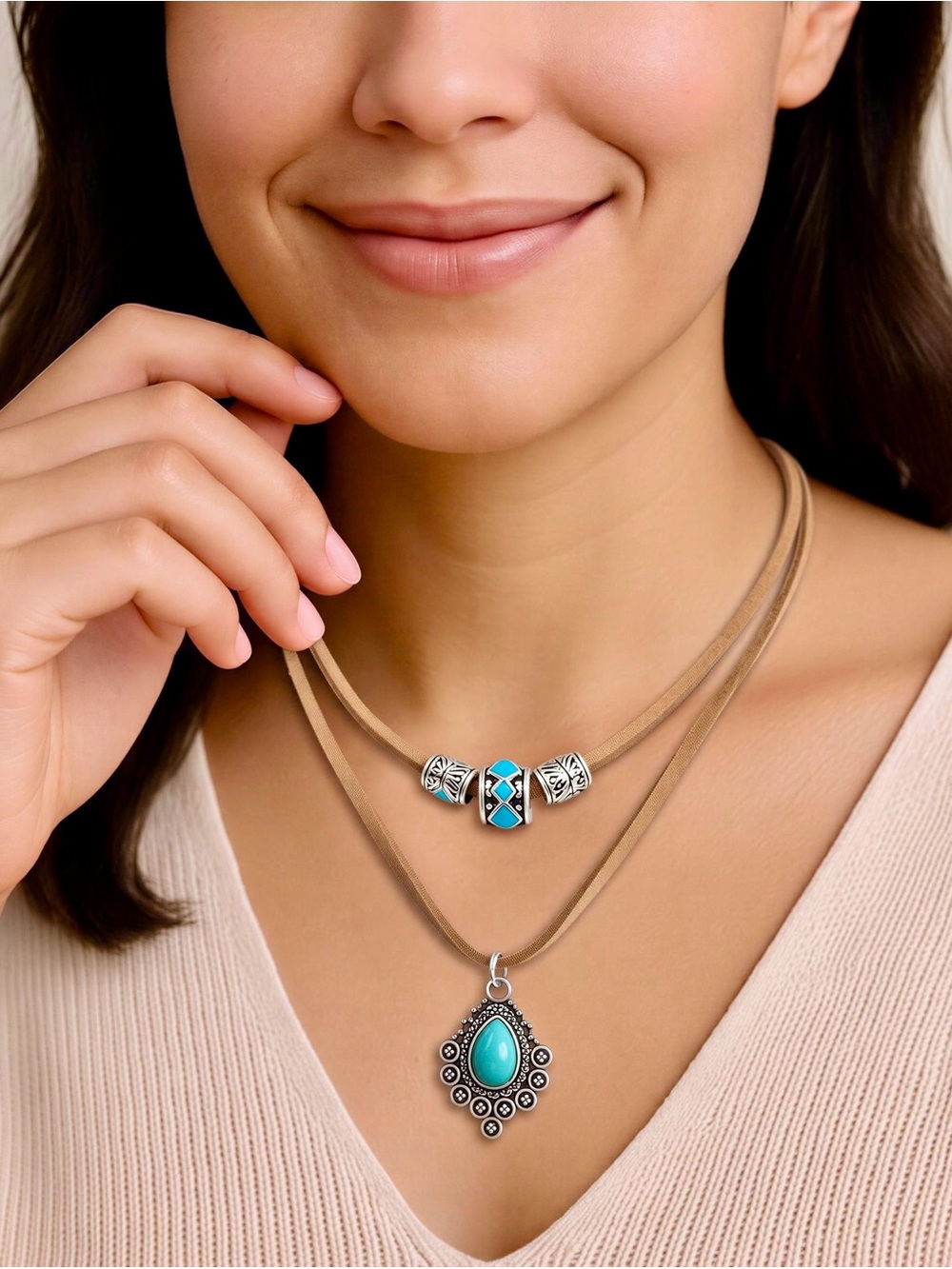 Turquoise Pendant Layered Necklace Set in Tan Suede - Women Jewelry